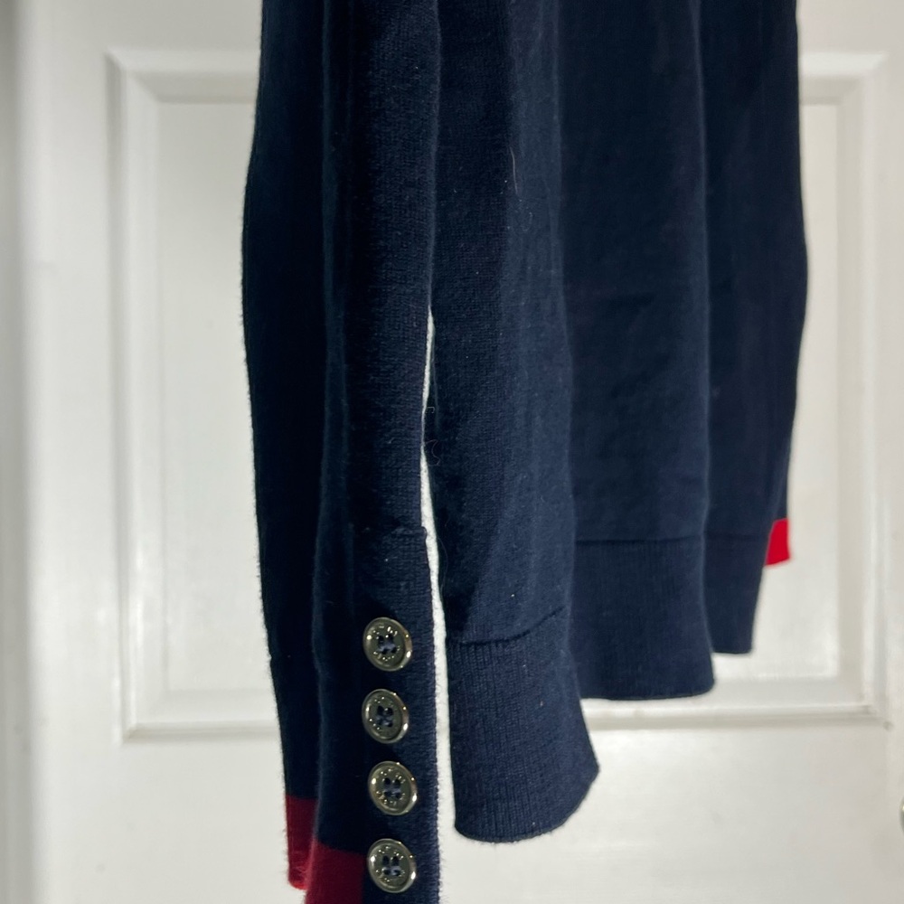 Navy and White Turtleneck Sweater with Red Accents - Picture 3 of 5